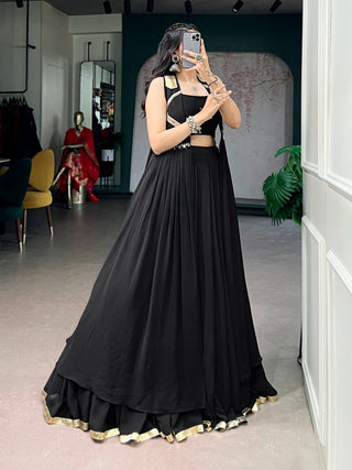 Black Lotus Handwork Lehenga Set with Long Jacket ClothsVilla