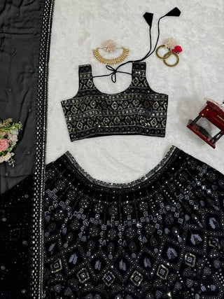 Black Luxe 9mm Sequin Embroidered Faux Georgette Lehenga Choli with Dupatta ClothsVilla