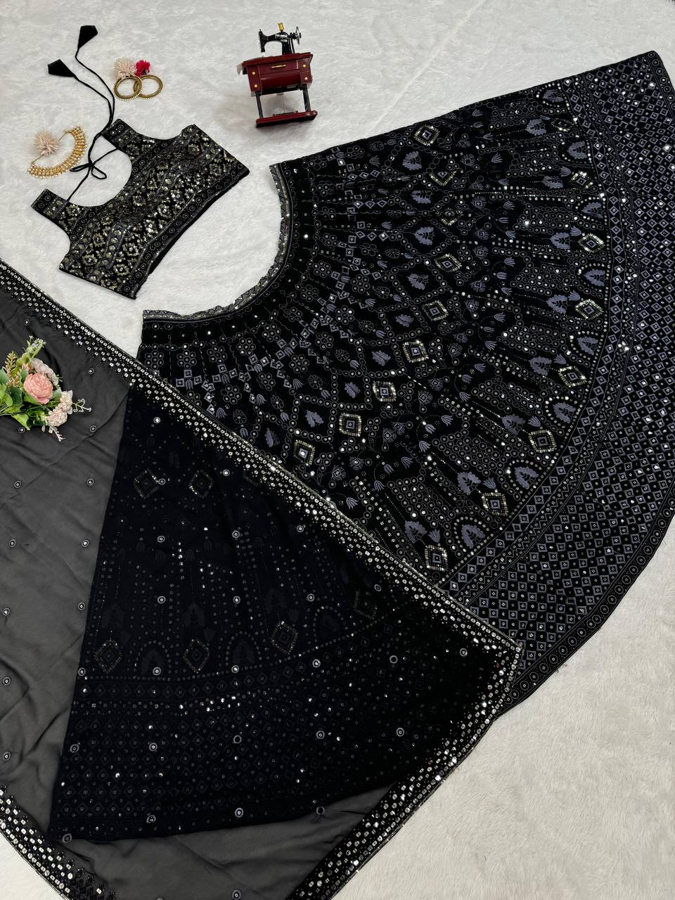 Black Luxe 9mm Sequin Embroidered Faux Georgette Lehenga Choli with Dupatta ClothsVilla