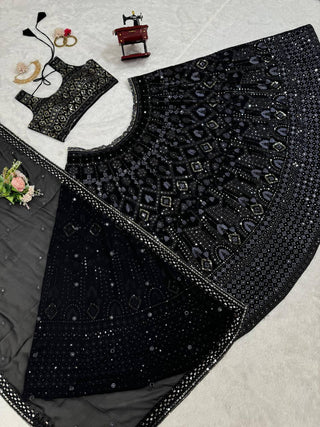 Black Luxe 9mm Sequin Embroidered Faux Georgette Lehenga Choli with Dupatta ClothsVilla