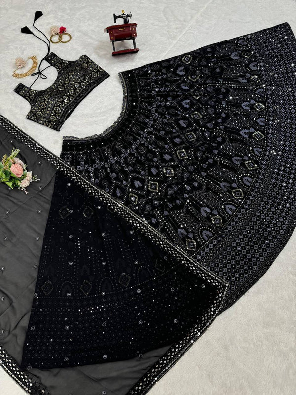 Black Luxe 9mm Sequin Embroidered Faux Georgette Lehenga Choli with Dupatta ClothsVilla