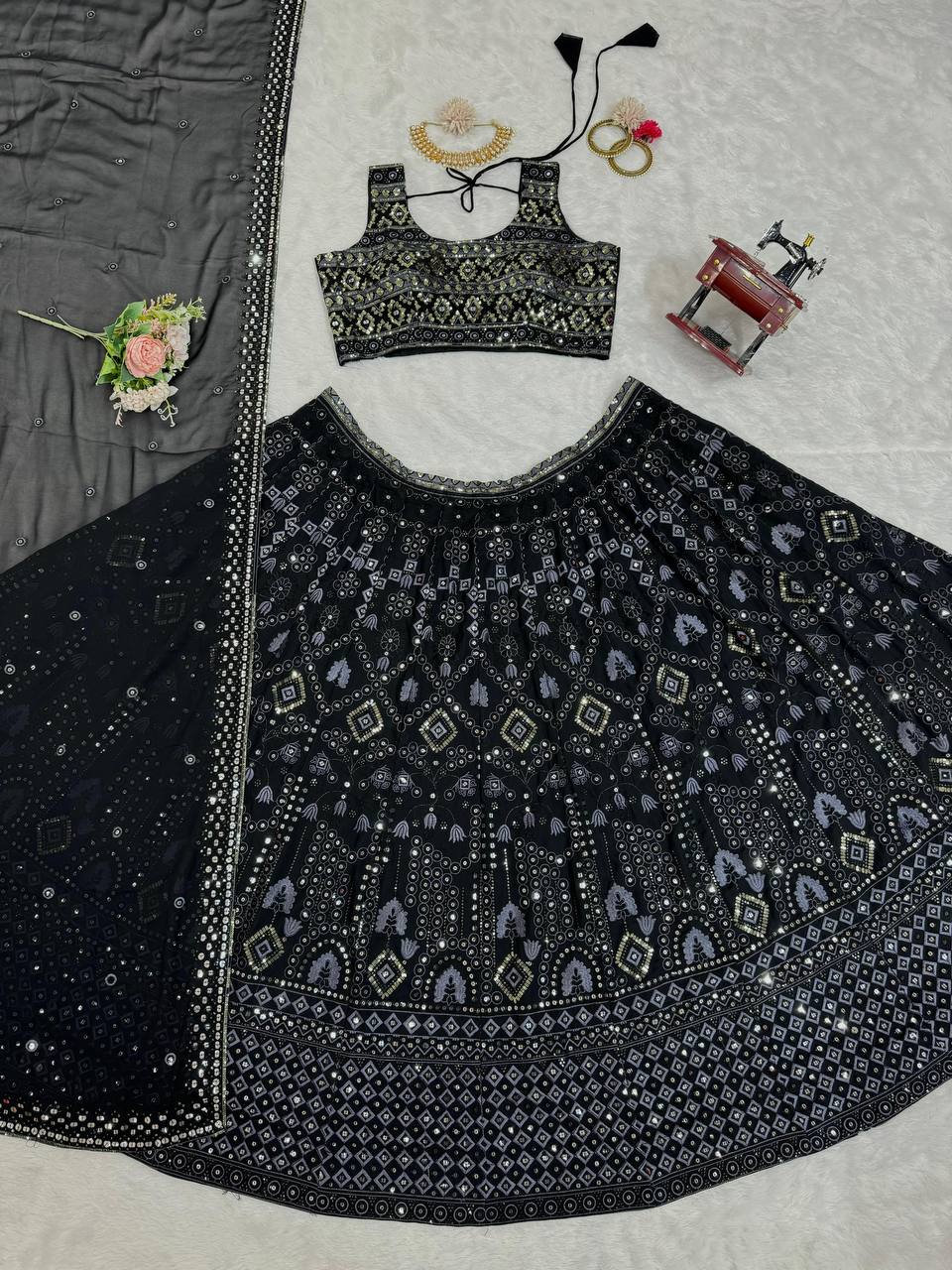 Black Luxe 9mm Sequin Embroidered Faux Georgette Lehenga Choli with Dupatta ClothsVilla