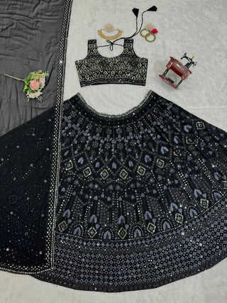 Black Luxe 9mm Sequin Embroidered Faux Georgette Lehenga Choli with Dupatta ClothsVilla