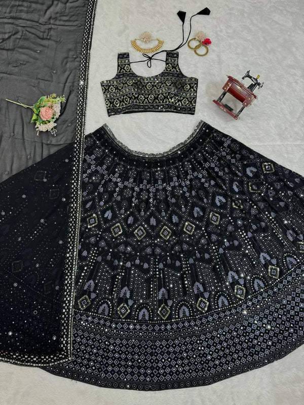 Black Luxe 9mm Sequin Embroidered Faux Georgette Lehenga Choli with Dupatta ClothsVilla
