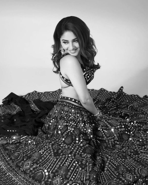Black Luxe 9mm Sequin Embroidered Faux Georgette Lehenga Choli with Dupatta ClothsVilla
