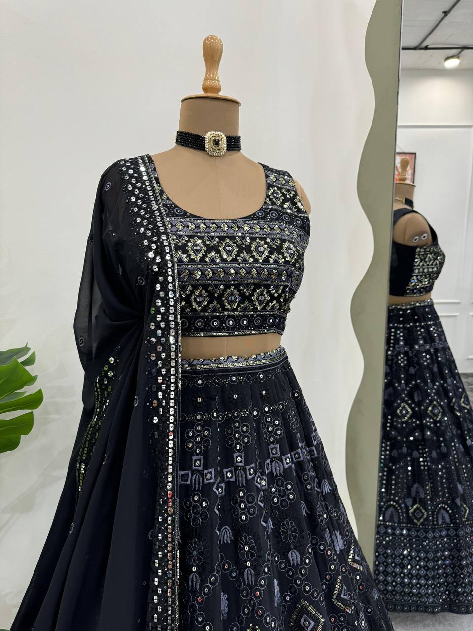 Black Luxe 9mm Sequin Embroidered Faux Georgette Lehenga Choli with Dupatta ClothsVilla