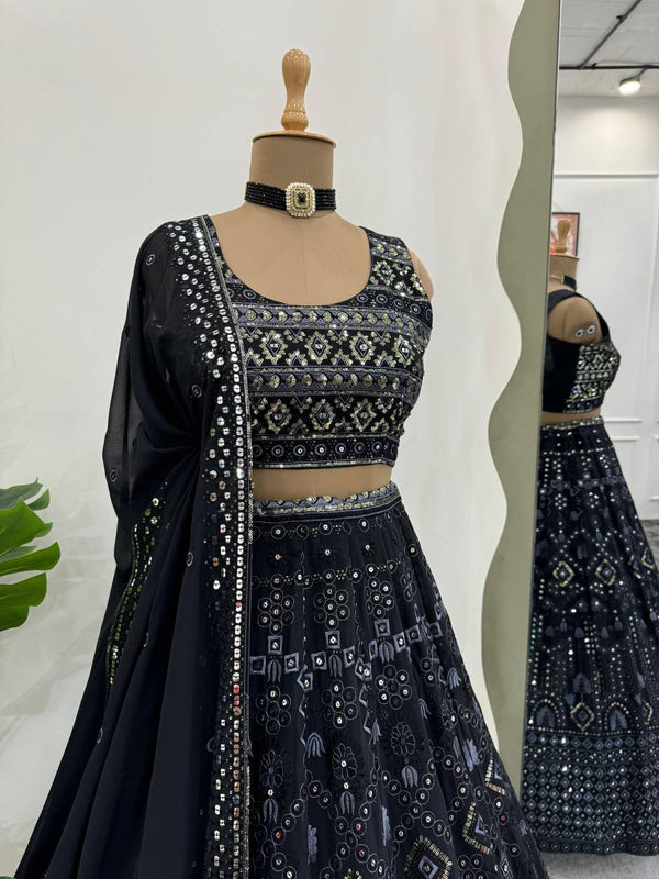 Black Luxe 9mm Sequin Embroidered Faux Georgette Lehenga Choli with Dupatta ClothsVilla