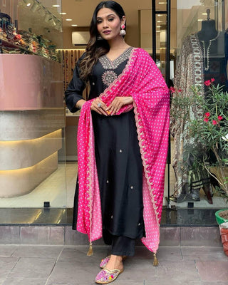 Black Luxe Designer Party Wear Heavy Modal Silk Top, Bottom & Dupatta Set ClothsVilla