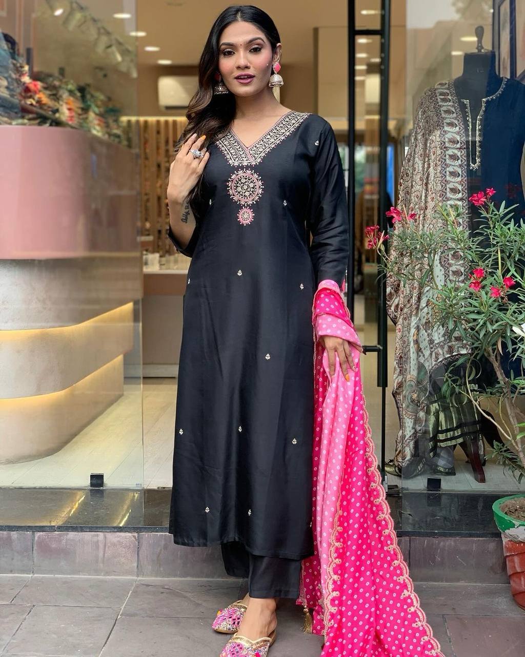 Black Luxe Designer Party Wear Heavy Modal Silk Top, Bottom & Dupatta Set ClothsVilla