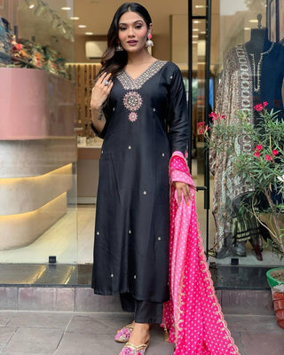 Black Luxe Designer Party Wear Heavy Modal Silk Top, Bottom & Dupatta Set ClothsVilla