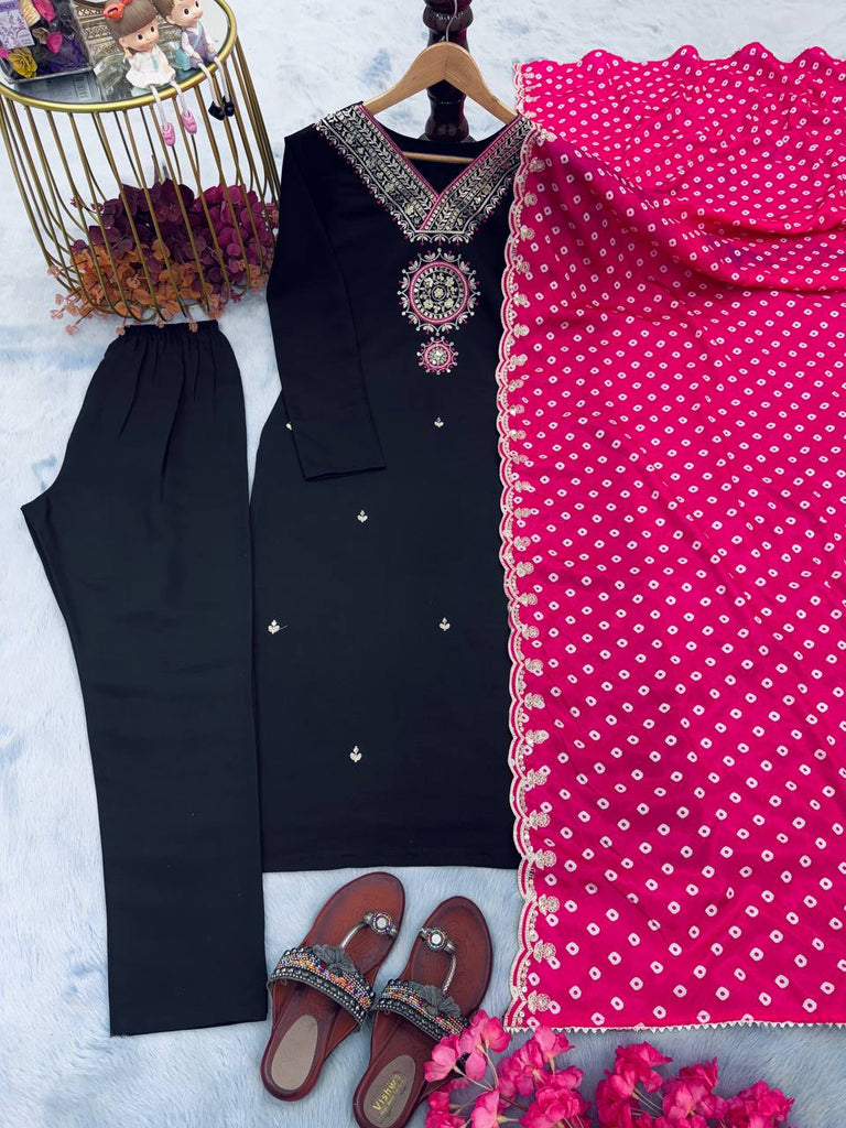 Black Luxe Designer Party Wear Heavy Modal Silk Top, Bottom & Dupatta Set ClothsVilla