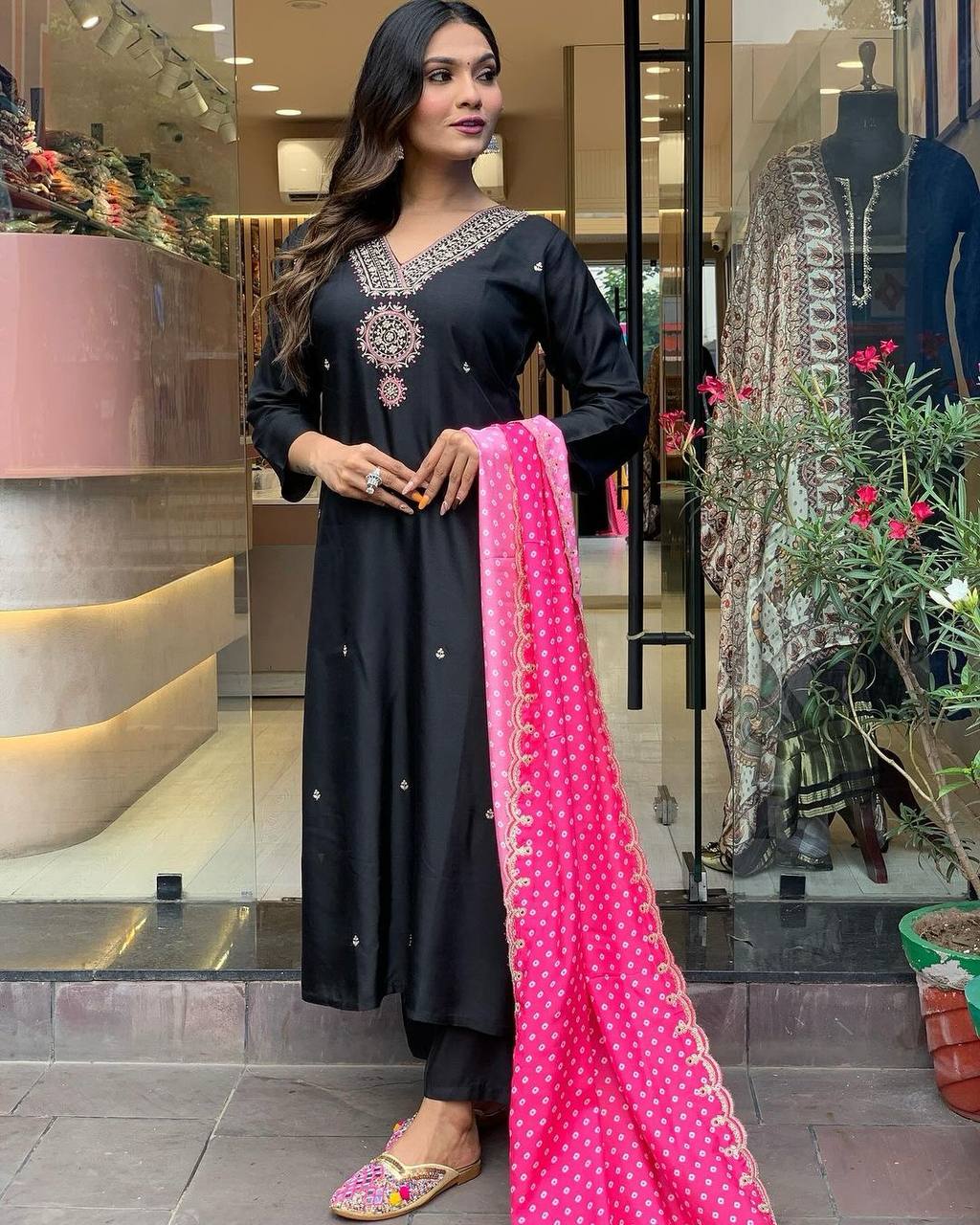 Black Luxe Designer Party Wear Heavy Modal Silk Top, Bottom & Dupatta Set ClothsVilla