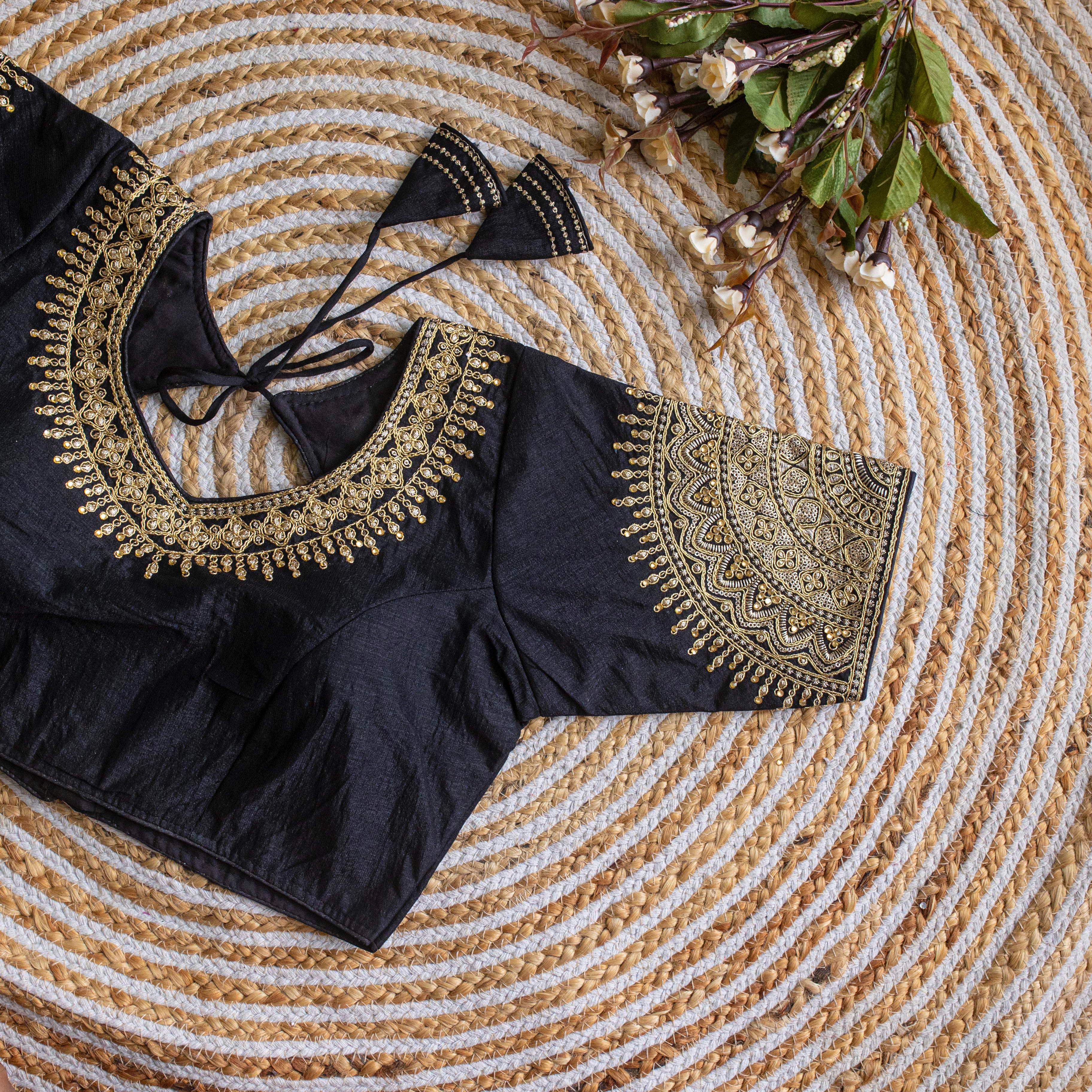 Black Luxurious Lucknowi Silk Blouse with Golden Embroidery and Sequins ClothsVilla Main image