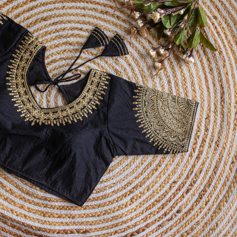 Black Luxurious Lucknowi Silk Blouse with Golden Embroidery and Sequins ClothsVilla Main image