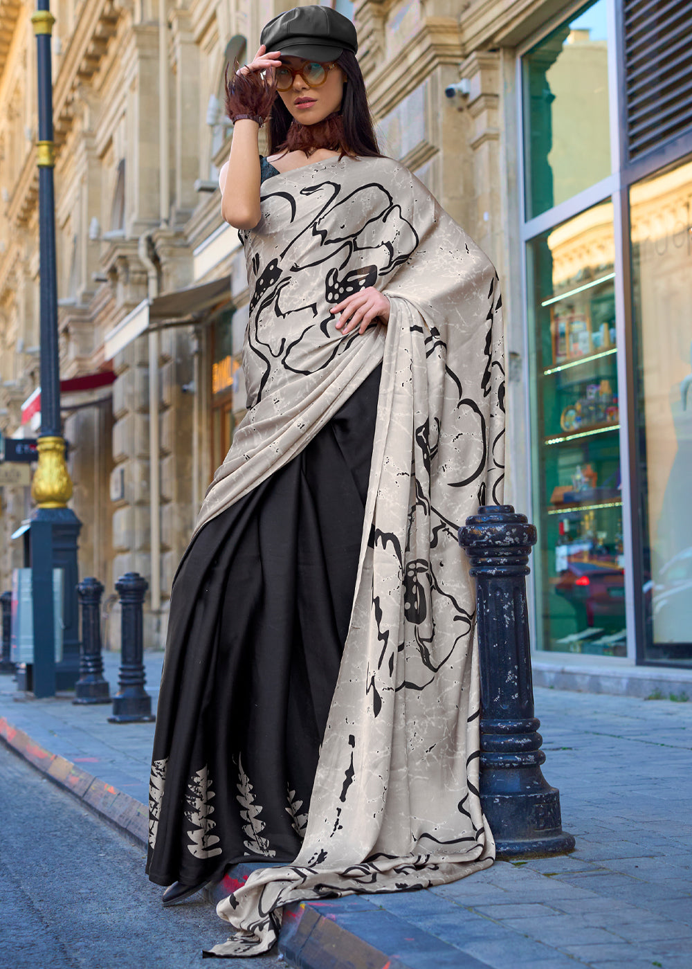 Black Luxurious Satin Crepe Saree – Elegance with a Graceful Drape ClothsVilla
