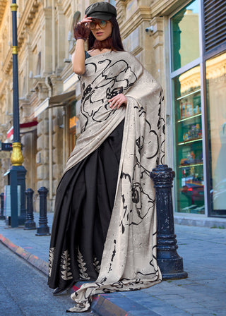 Black Luxurious Satin Crepe Saree – Elegance with a Graceful Drape ClothsVilla
