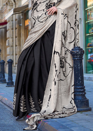 Black Luxurious Satin Crepe Saree – Elegance with a Graceful Drape ClothsVilla