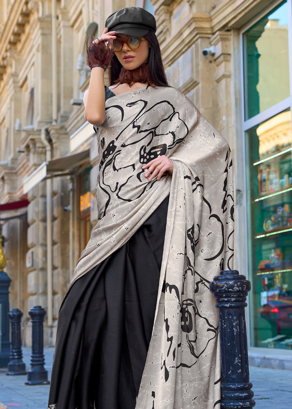 Black Luxurious Satin Crepe Saree – Elegance with a Graceful Drape ClothsVilla