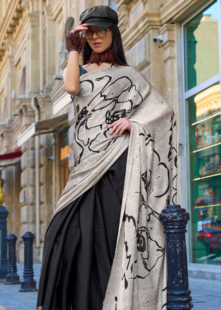 Black Luxurious Satin Crepe Saree – Elegance with a Graceful Drape ClothsVilla