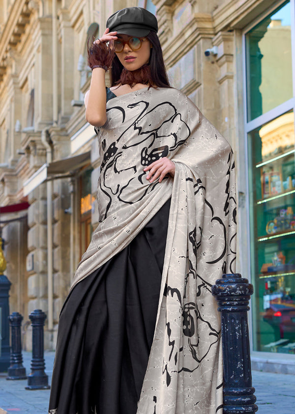 Black Luxurious Satin Crepe Saree – Elegance with a Graceful Drape ClothsVilla