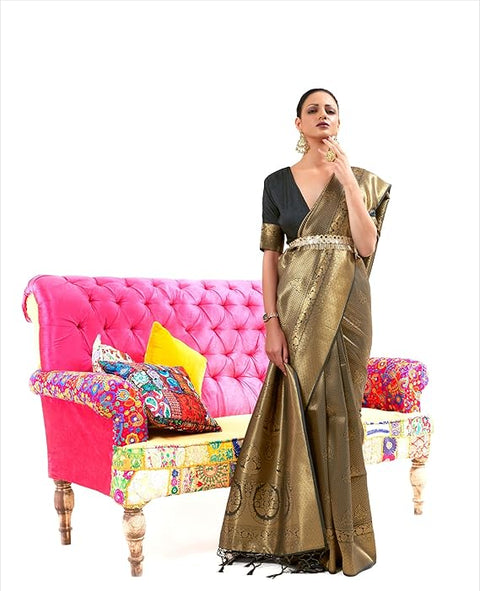 Black Luxurious Silk Jacquard Saree with Blouse Piece – Perfect for Festivals ClothsVilla Main image
