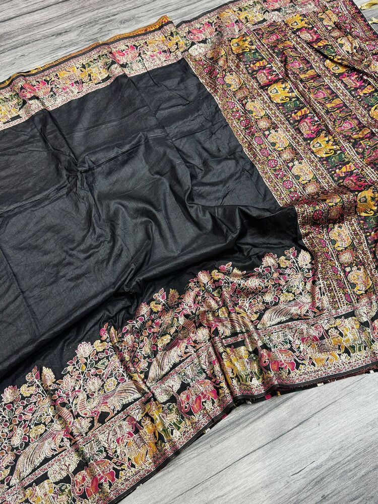 Black Luxurious Soft Rajwadi Silk Saree with Kashmiri Thread Woven Pallu & Zari Border ClothsVilla