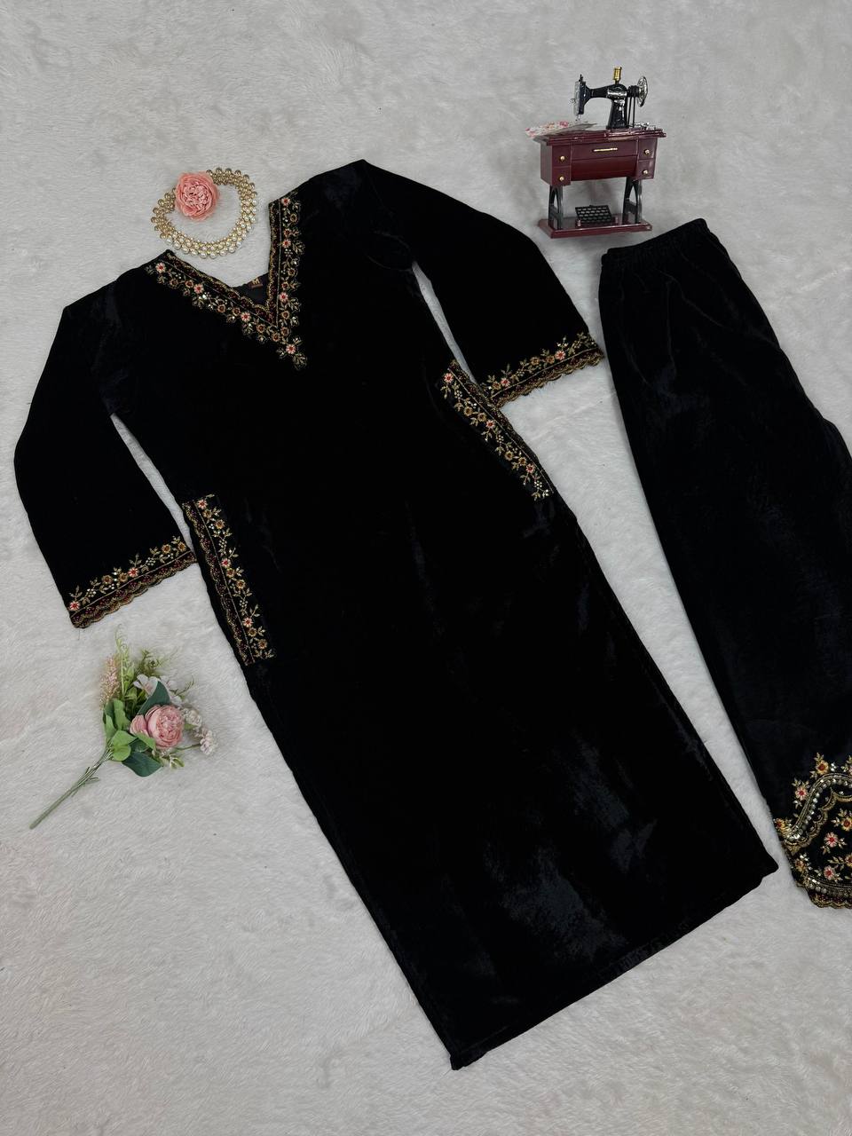 Black Luxurious Viscose Velvet Co-Ord Set with Sequin Threadwork & Side Pockets ClothsVilla