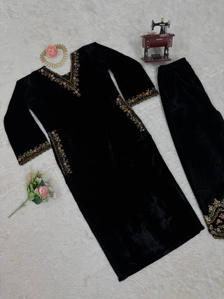 Black Luxurious Viscose Velvet Co-Ord Set with Sequin Threadwork & Side Pockets ClothsVilla