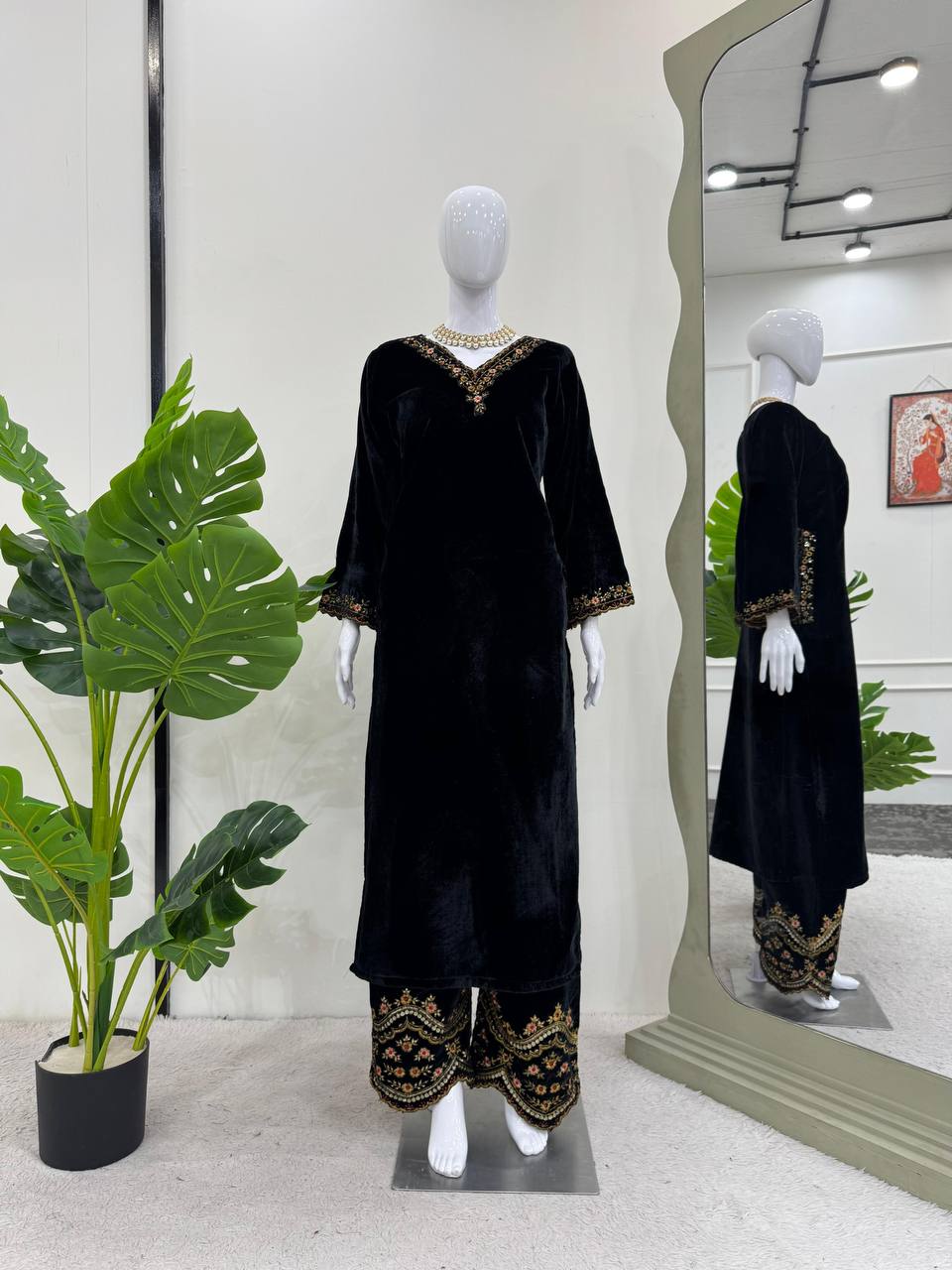 Black Luxurious Viscose Velvet Co-Ord Set with Sequin Threadwork & Side Pockets ClothsVilla
