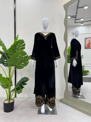 Black Luxurious Viscose Velvet Co-Ord Set with Sequin Threadwork & Side Pockets ClothsVilla