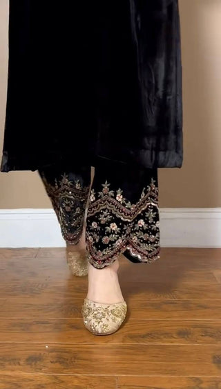 Black Luxurious Viscose Velvet Co-Ord Set with Sequin Threadwork & Side Pockets ClothsVilla