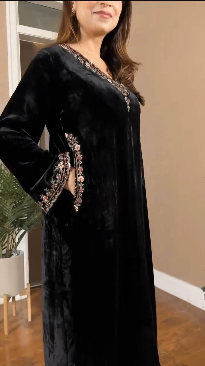Black Luxurious Viscose Velvet Co-Ord Set with Sequin Threadwork & Side Pockets ClothsVilla