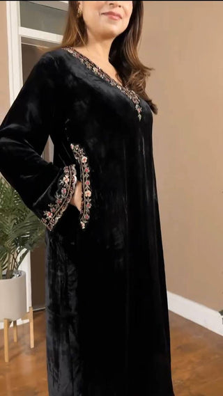 Black Luxurious Viscose Velvet Co-Ord Set with Sequin Threadwork & Side Pockets ClothsVilla