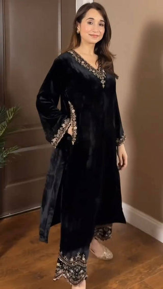 Black Luxurious Viscose Velvet Co-Ord Set with Sequin Threadwork & Side Pockets ClothsVilla