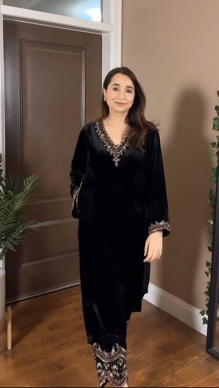 Black Luxurious Viscose Velvet Co-Ord Set with Sequin Threadwork & Side Pockets ClothsVilla