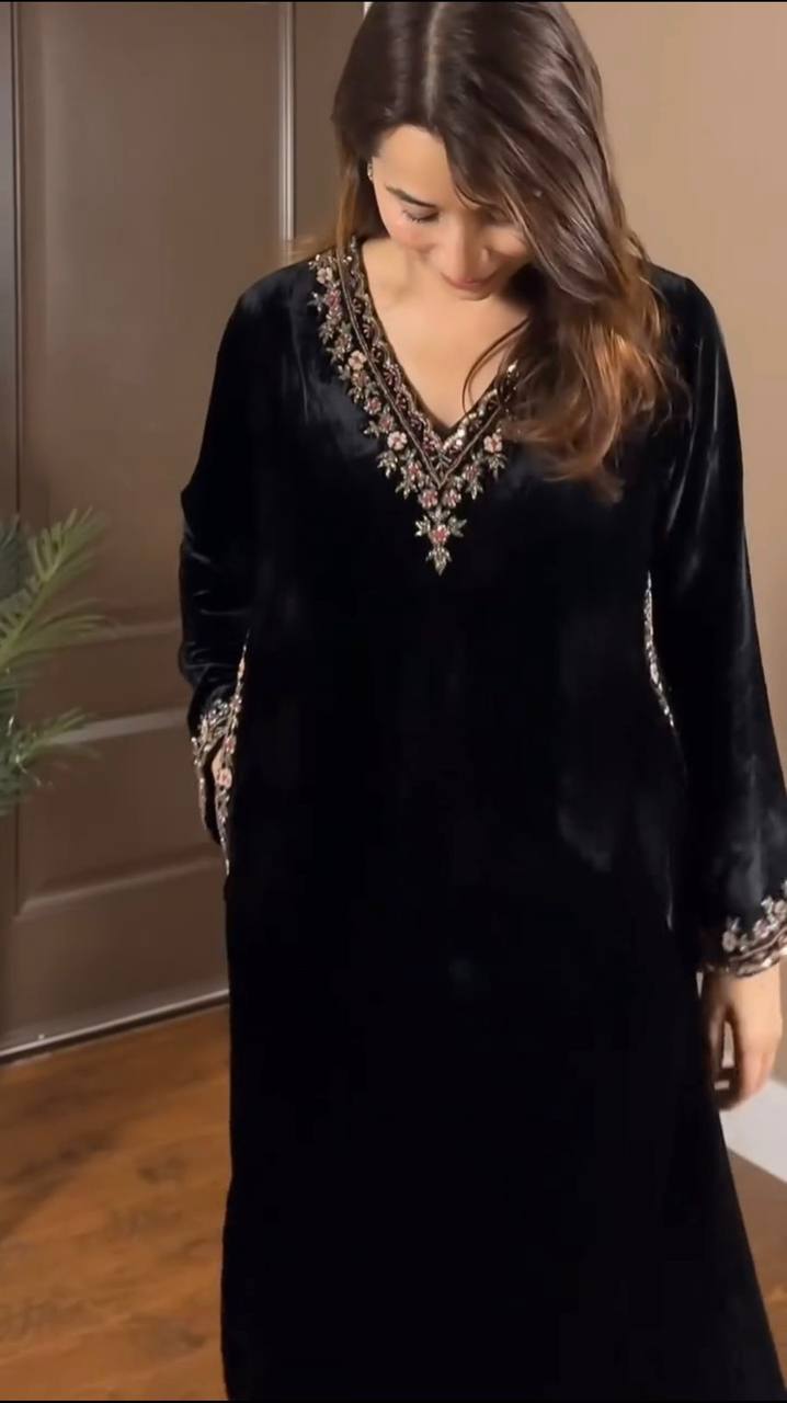 Black Luxurious Viscose Velvet Co-Ord Set with Sequin Threadwork & Side Pockets ClothsVilla