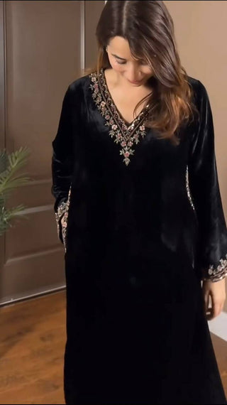Black Luxurious Viscose Velvet Co-Ord Set with Sequin Threadwork & Side Pockets ClothsVilla