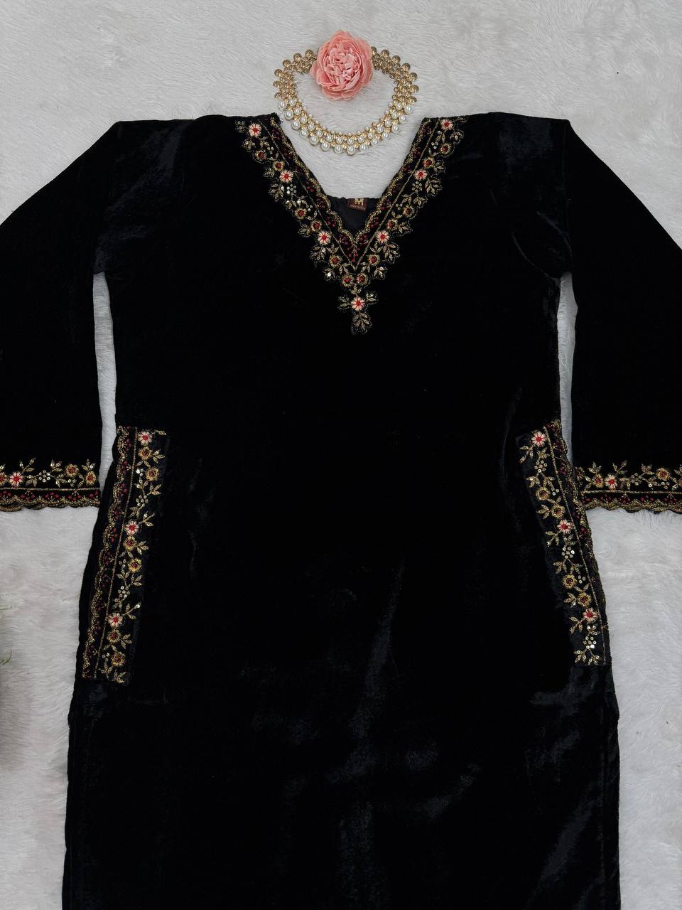 Black Luxurious Viscose Velvet Co-Ord Set with Sequin Threadwork & Side Pockets ClothsVilla