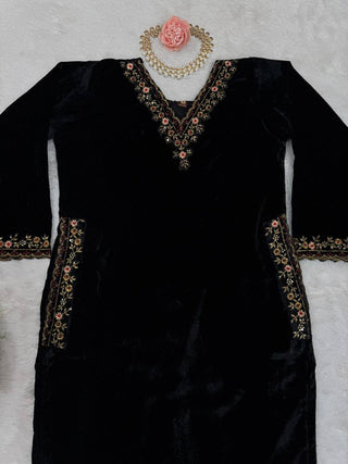 Black Luxurious Viscose Velvet Co-Ord Set with Sequin Threadwork & Side Pockets ClothsVilla
