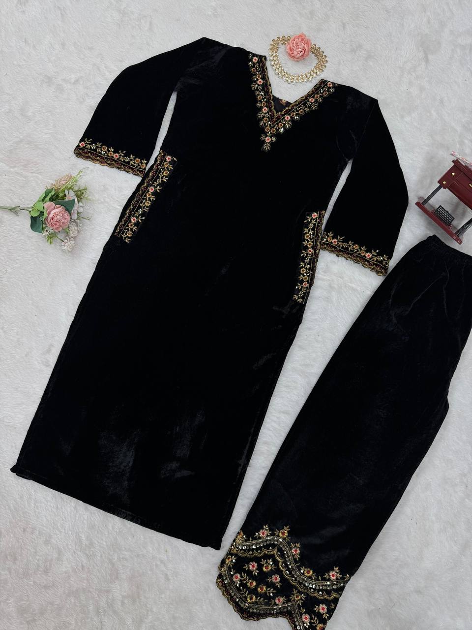 Black Luxurious Viscose Velvet Co-Ord Set with Sequin Threadwork & Side Pockets ClothsVilla