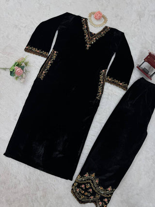 Black Luxurious Viscose Velvet Co-Ord Set with Sequin Threadwork & Side Pockets ClothsVilla