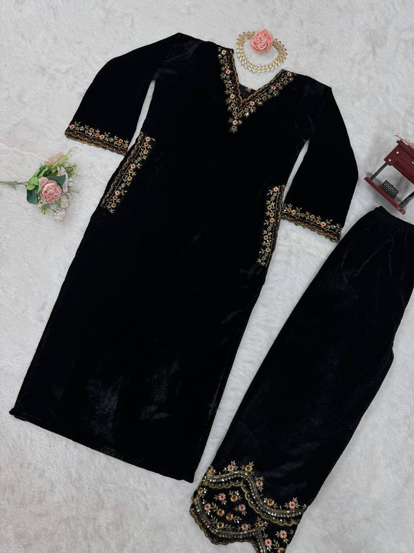 Black Luxurious Viscose Velvet Co-Ord Set with Sequin Threadwork & Side Pockets ClothsVilla