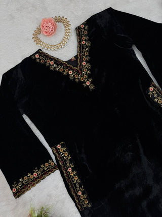 Black Luxurious Viscose Velvet Co-Ord Set with Sequin Threadwork & Side Pockets ClothsVilla