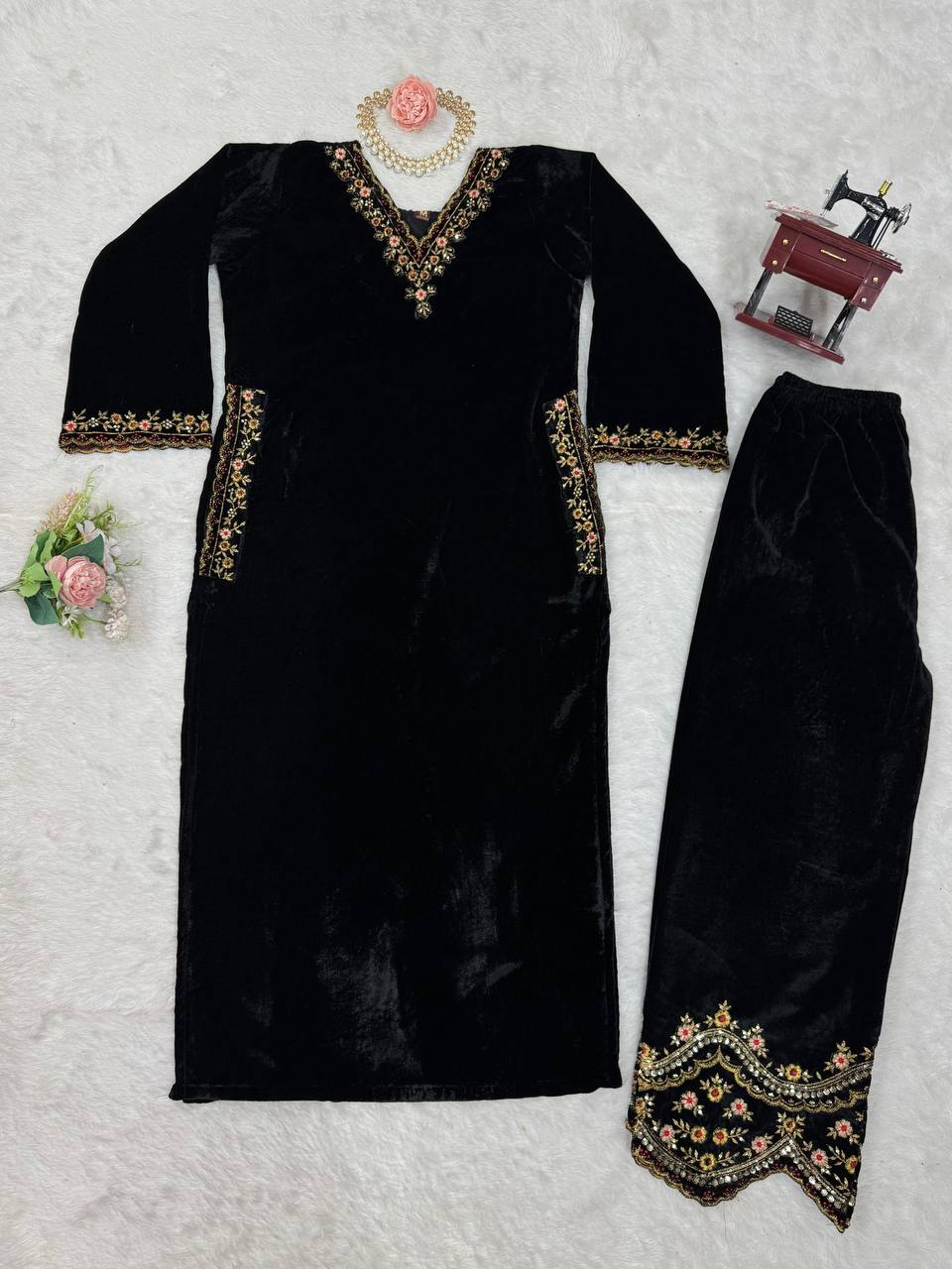 Black Luxurious Viscose Velvet Co-Ord Set with Sequin Threadwork & Side Pockets ClothsVilla