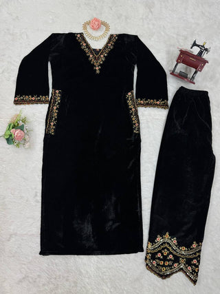 Black Luxurious Viscose Velvet Co-Ord Set with Sequin Threadwork & Side Pockets ClothsVilla