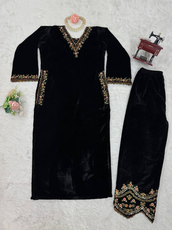 Black Luxurious Viscose Velvet Co-Ord Set with Sequin Threadwork & Side Pockets ClothsVilla