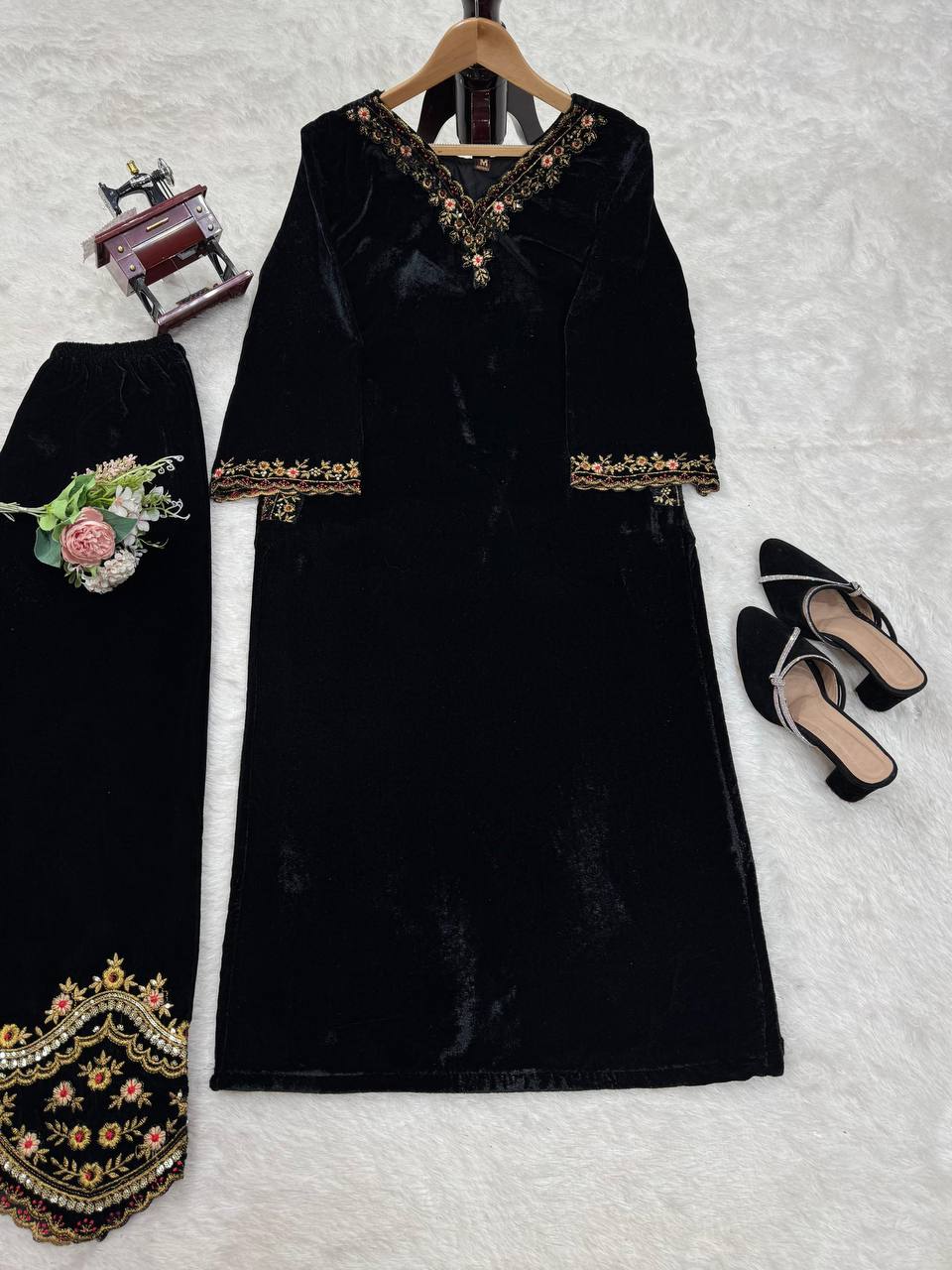Black Luxurious Viscose Velvet Co-Ord Set with Sequin Threadwork & Side Pockets ClothsVilla