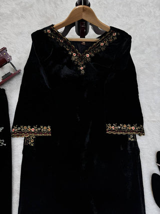 Black Luxurious Viscose Velvet Co-Ord Set with Sequin Threadwork & Side Pockets ClothsVilla