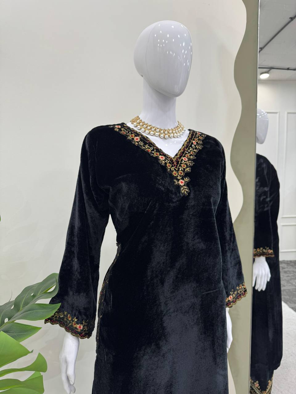 Black Luxurious Viscose Velvet Co-Ord Set with Sequin Threadwork & Side Pockets ClothsVilla