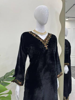 Black Luxurious Viscose Velvet Co-Ord Set with Sequin Threadwork & Side Pockets ClothsVilla